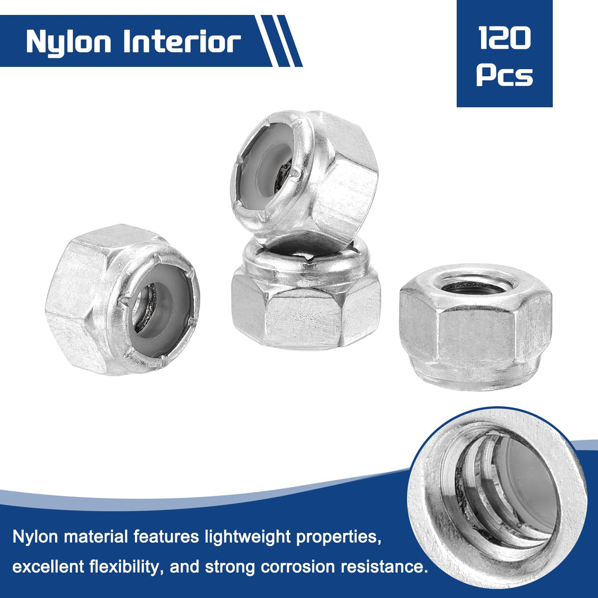 Kozelo 120Pcs 1/4"-20 Nylon Locking Hex Nuts 304 StainlessSteel Silver