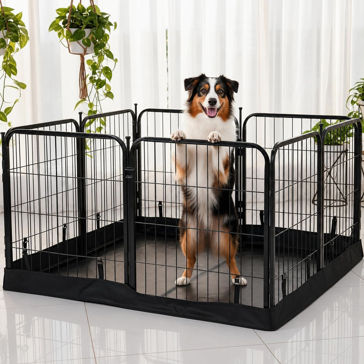 Dog Playpen w/Square Bottom Floor Cover - 40 inch, 8 Panel Portable Black Metal Pet Play Pen for Medium & Large Dogs