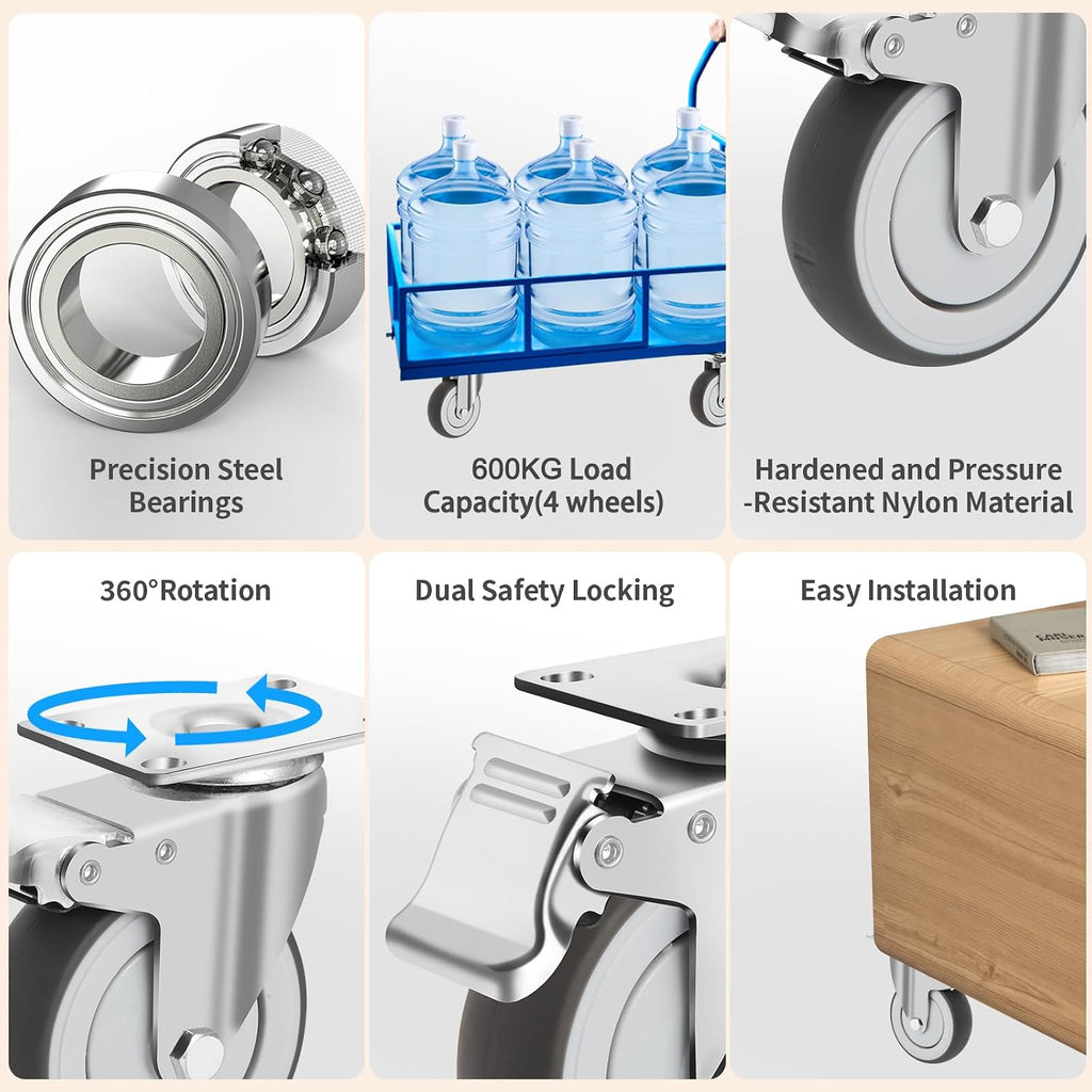4 Inch Caster Wheels Set of 4 Heavy Duty Swivel Casters Includes Mounting Hardware 1320 Lbs Load Capacity Quiet TPE