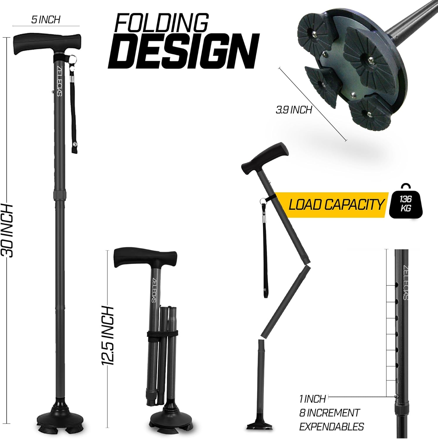Walking Cane for Women & Men - Self Standing Adjustable Folding Cane with T Handle and 360 Pivot Base - Lightweight