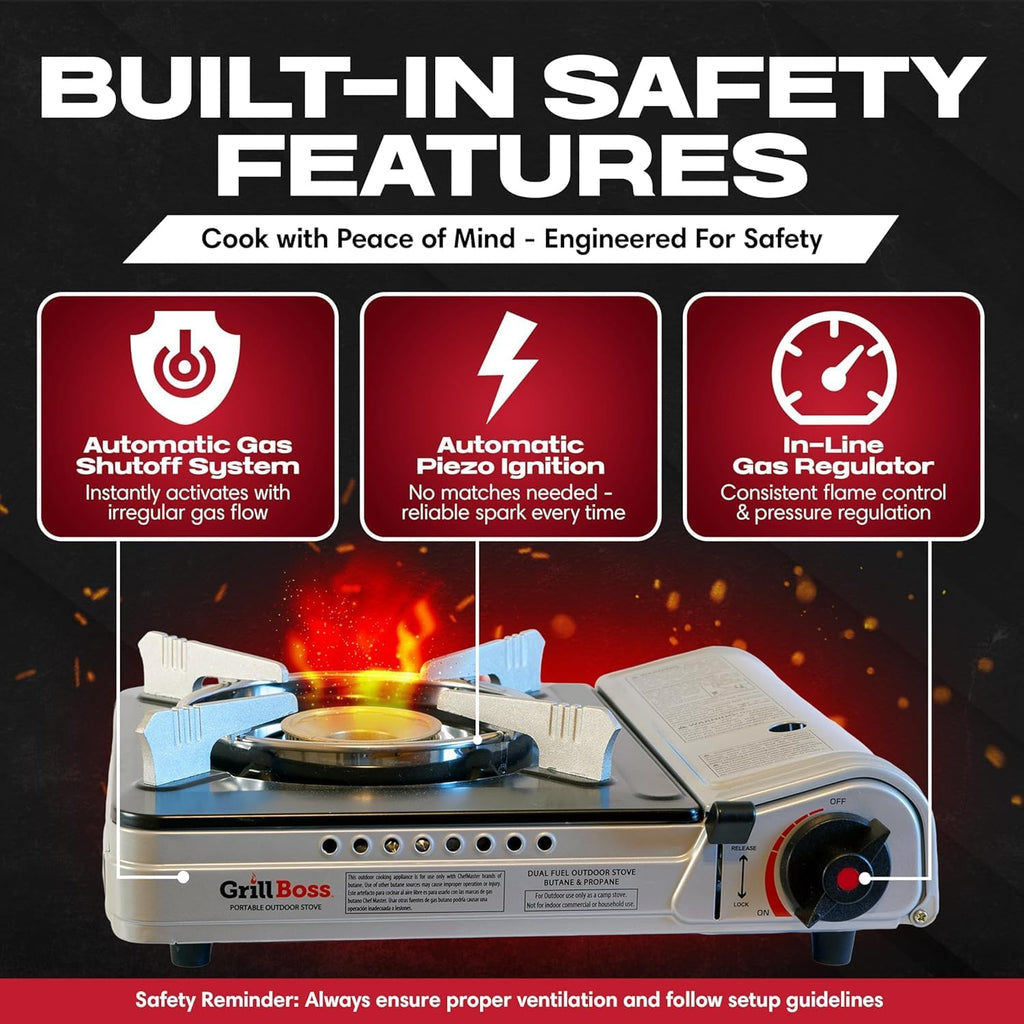 Grill Boss Dual Fuel Camp Stove - 12,000 BTU Butane & Propane Portable Stoves for Camping, Emergencies, BBQ, Hiking &