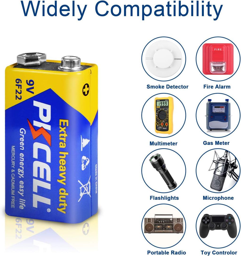 9V Batteries 100 Pack 9 Volt Battery for Smoke Alarms | Carbon Zinc 6F22 Square Battery
