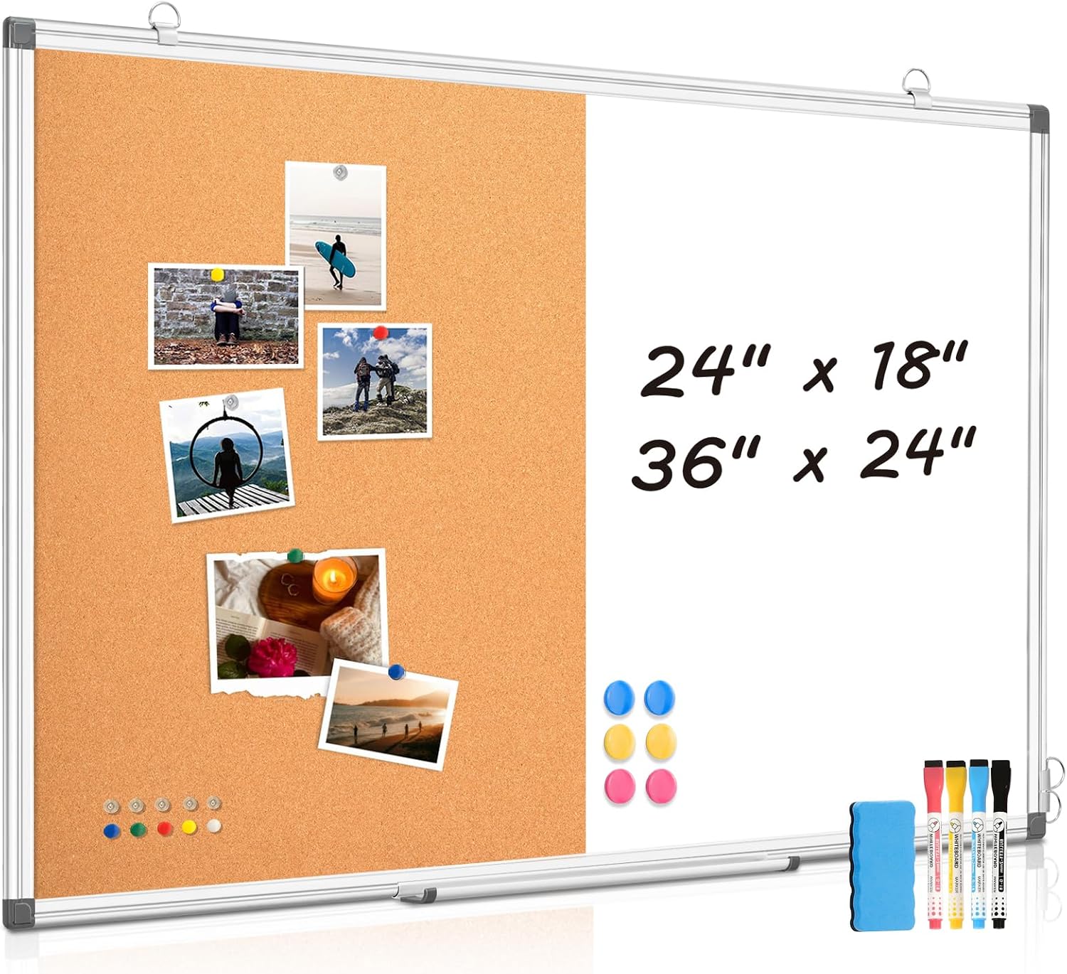 Combination Magnetic Whiteboard & Corkboard, 24"x18" Combo for School, Office & Home, Dry Erase Board with Removable