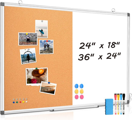 Combination Magnetic Whiteboard & Corkboard, 24"x18" Combo for School, Office & Home, Dry Erase Board with Removable