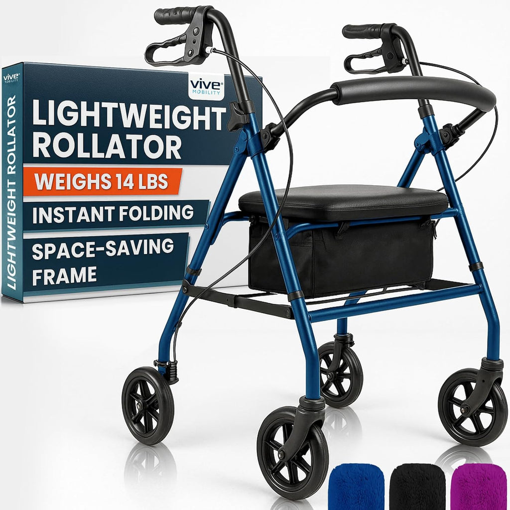 Vive Ultra Lightweight Rollator Walker with Seat - Foldable, Narrow, Rolling Senior Walker for Small Spaces - 4 Wheel