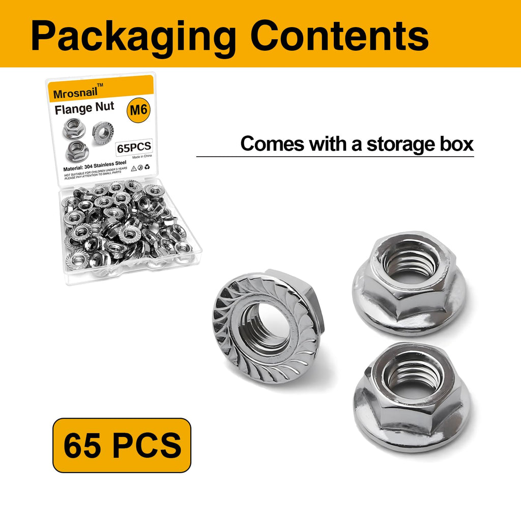 65PCS M6 Serrated Flange Nuts, 304 Stainless Steel Hex Nuts