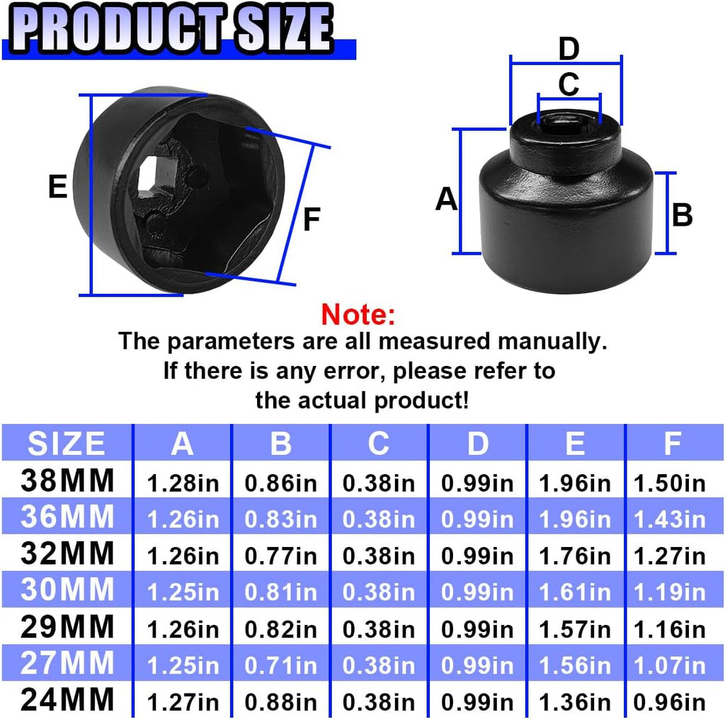 7PCS Car Oil Filter Socket Set, 24, 27, 29, 30, 32, 36, 38mm Auto Fuel Filter Cap Installer Remover Kit, 3/8" Drive