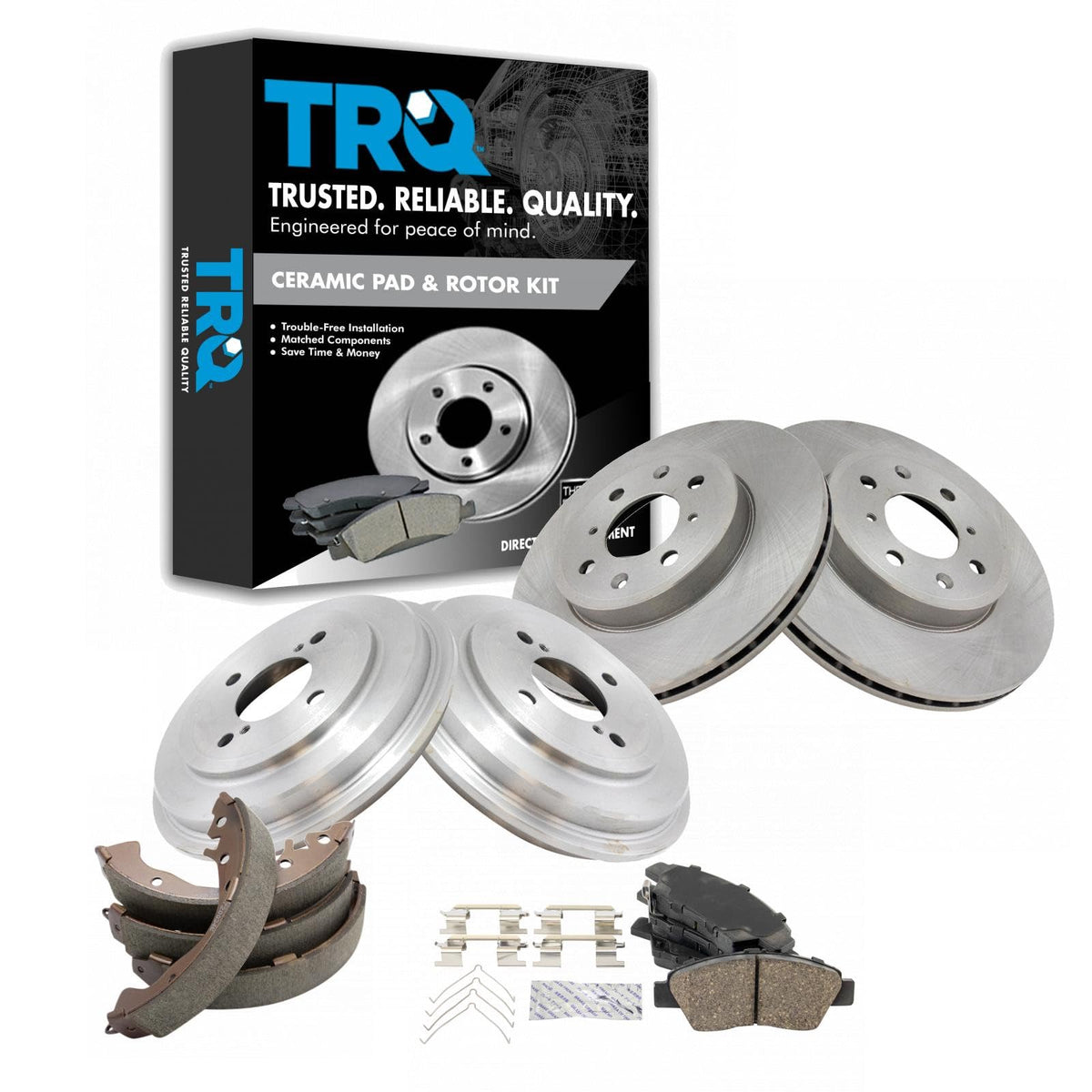 TRQ Front & Rear Ceramic Pads Rotors Drums & Brake Shoe Kit Set