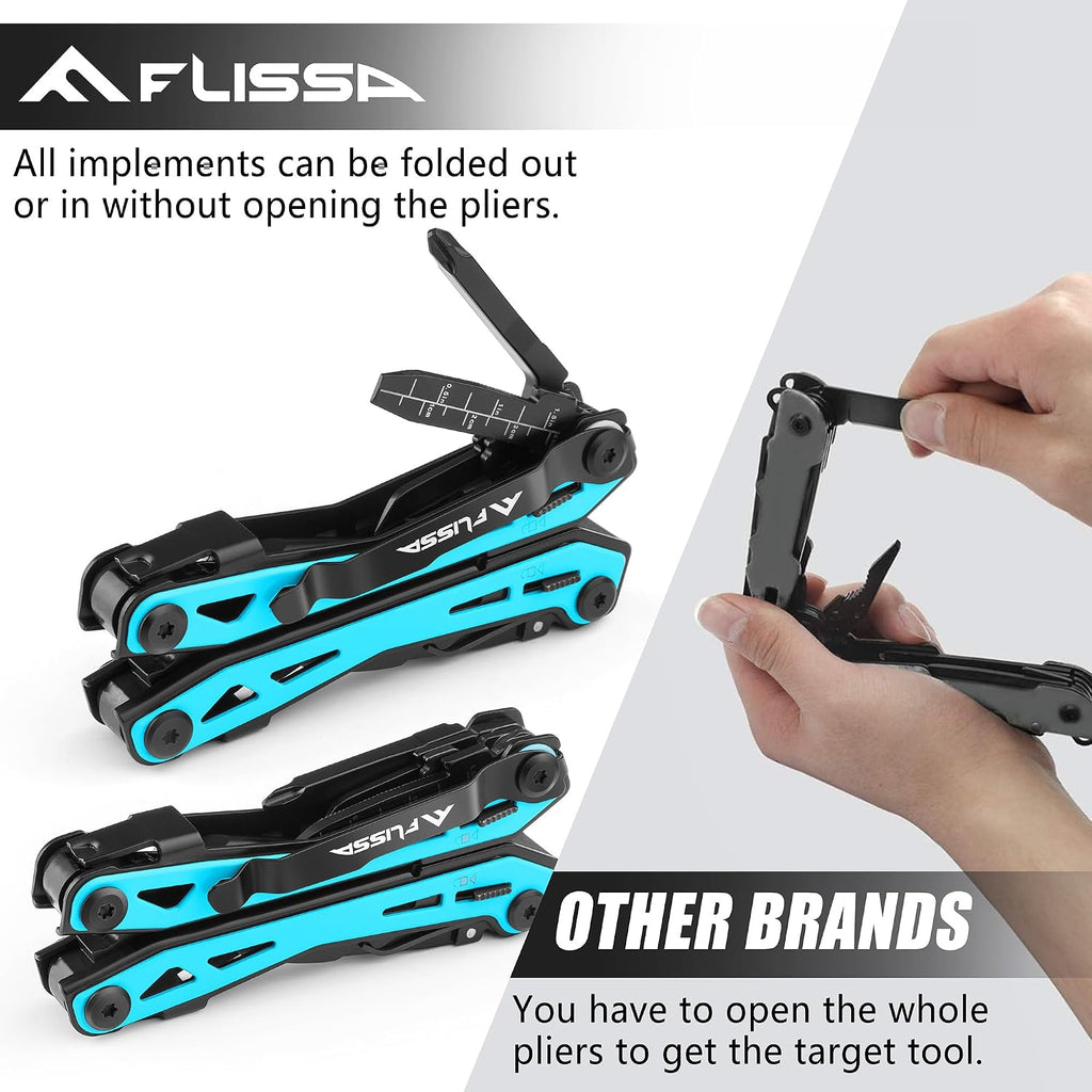 16-In-1 Multi-Tool Pliers, EDC Multitool, Aqua Blue | Gift for Men, Stainless Steel, Pocket Knife, Belt Clip, Oxford