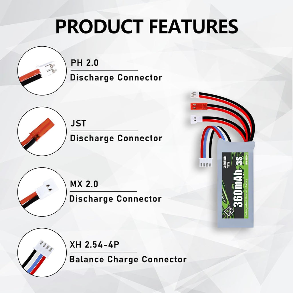3S Lipo Battery 11.1V 360mAh Various Plugs Rechargeable RC Battery | JST&MJ&PH2.0&MX2.0 Plug with USB Charger for