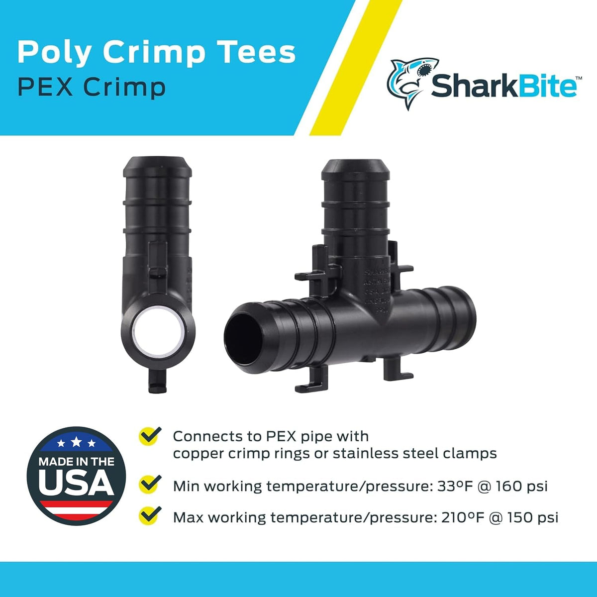 SharkBite 1/2 Inch Poly Crimp Tee, Pack of 25, PEX Pipe, PE-RT, UP362