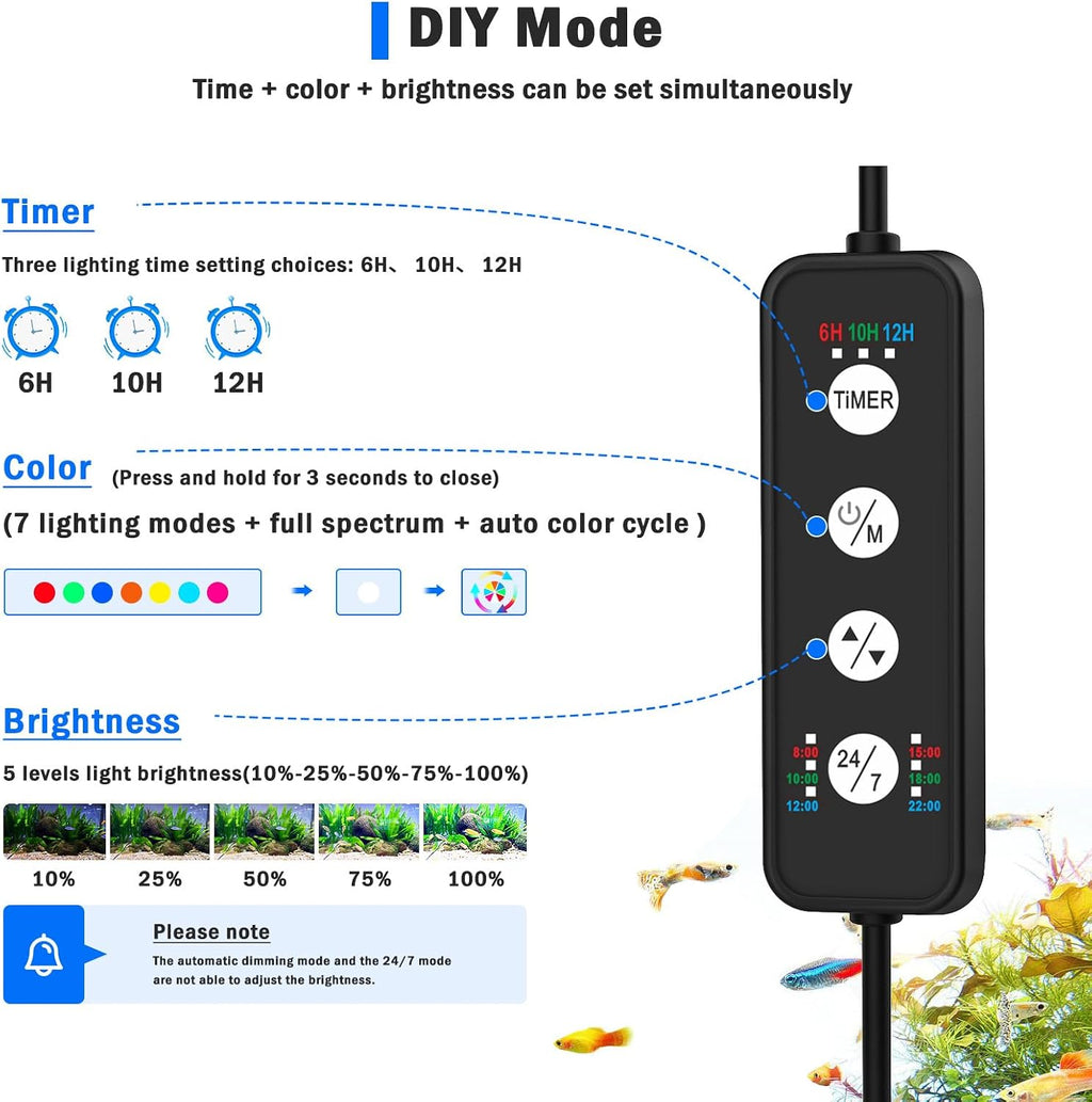 Clip On Aquarium Light, 24/7 & DIY Mode Full Spectrum Fish Tank Light | Adjustable Timer & Brightness, Memory