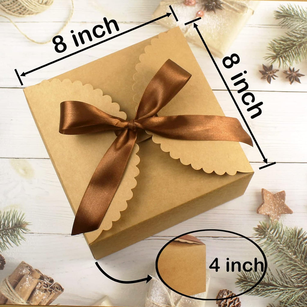8x8x4 Kraft Gift Box with Lid and Ribbon, 6 Pack Foldable Boxes