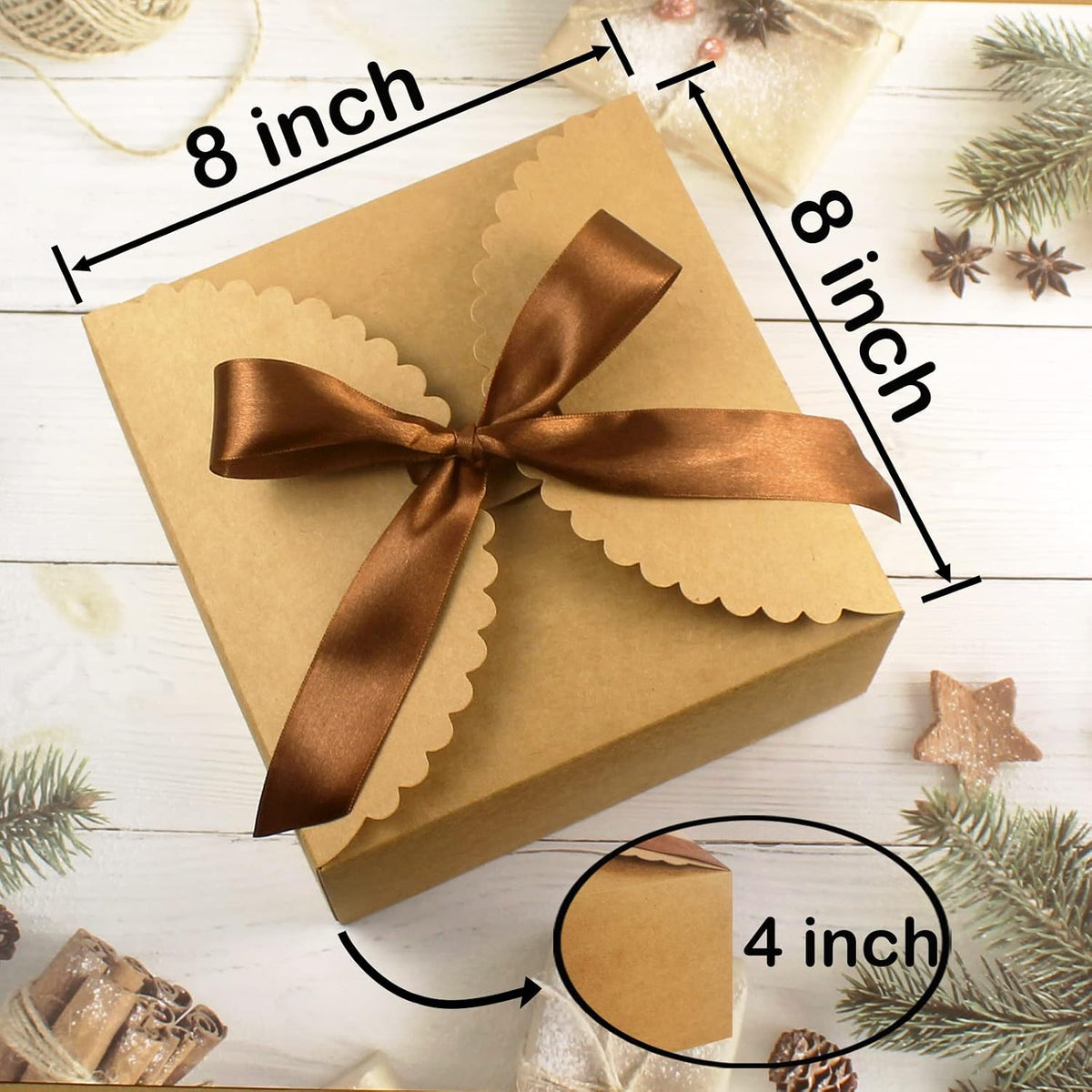 8x8x4 Kraft Gift Box with Lid and Ribbon, 6 Pack Foldable Boxes