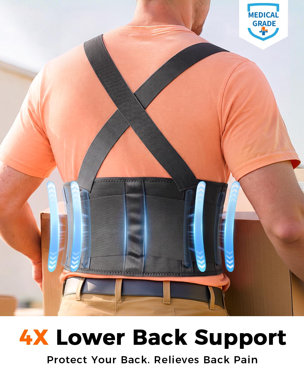 Medical-Grade Work Back Brace with Adjustable Shoulder Straps [Stronger Support & Breathable Mesh] Lower Back Support