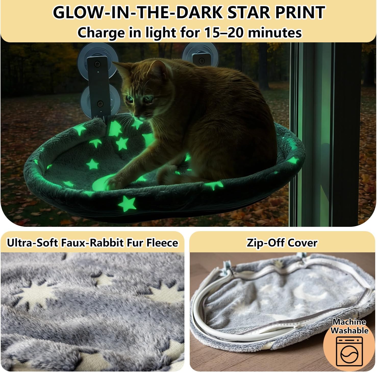 Cat Window Perch Hammock - Glow in the Dark Cordless Foldable Pet Bed with Sturdy Metal Frame & Strong Suction Cups