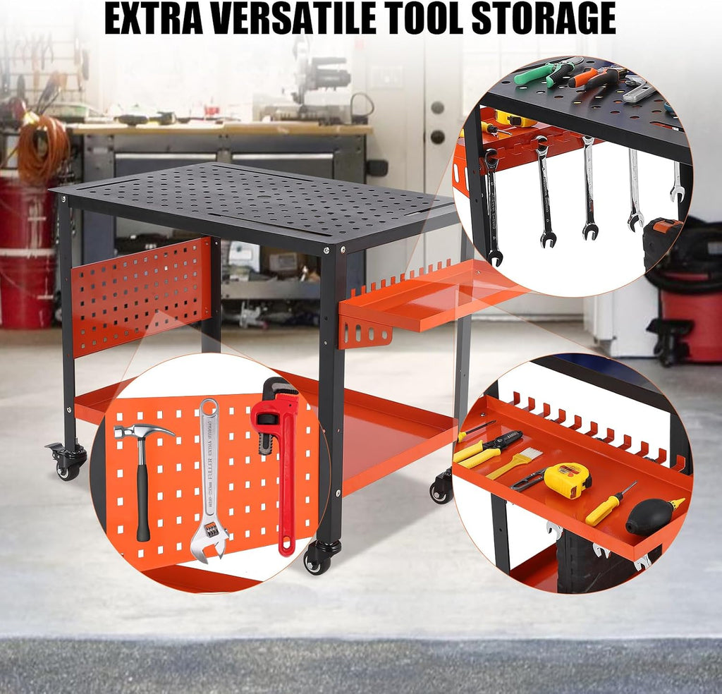 Heavy Duty Portable Steel Workbench Table,600 lbs Load,5/8-Inch Fixture Holes,Double-Layer Storage, Pegboard, Tool