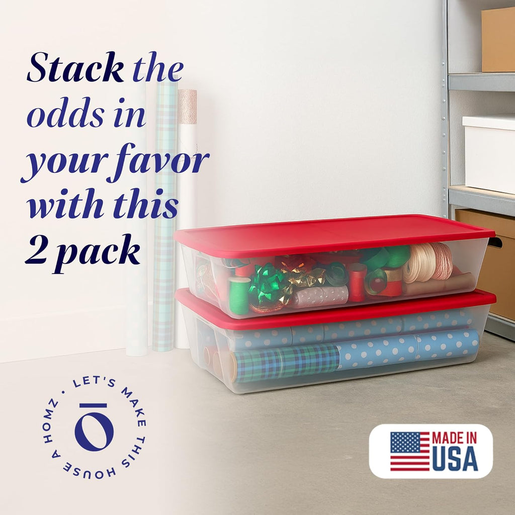 2-Pack Holiday Tote, Clear Plastic Storage Organizer Bins with Lids, 41 Quart, Red - Stackable Organizing Containers