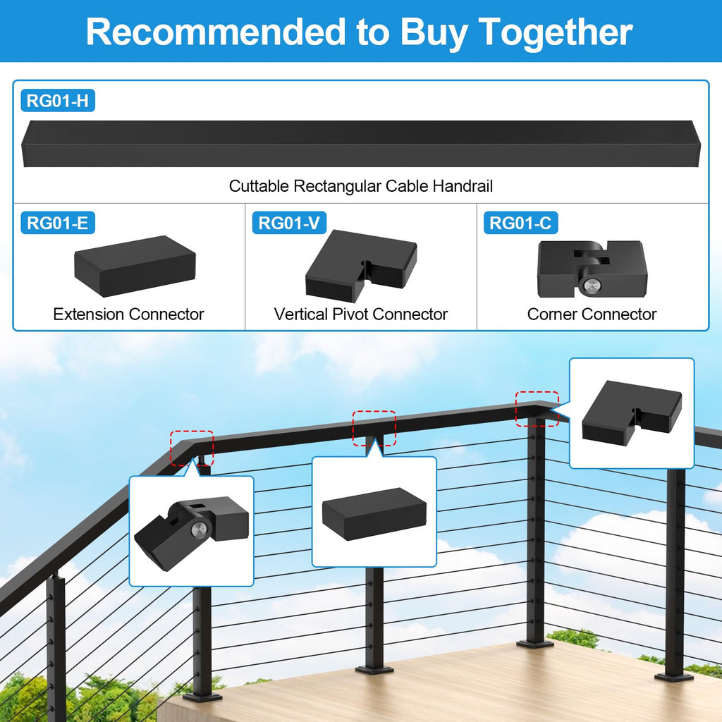 Black Extension Connectors for Cable Railing Flat Handrail