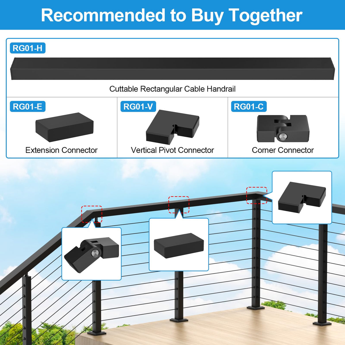 Black Extension Connectors for Cable Railing Flat Handrail