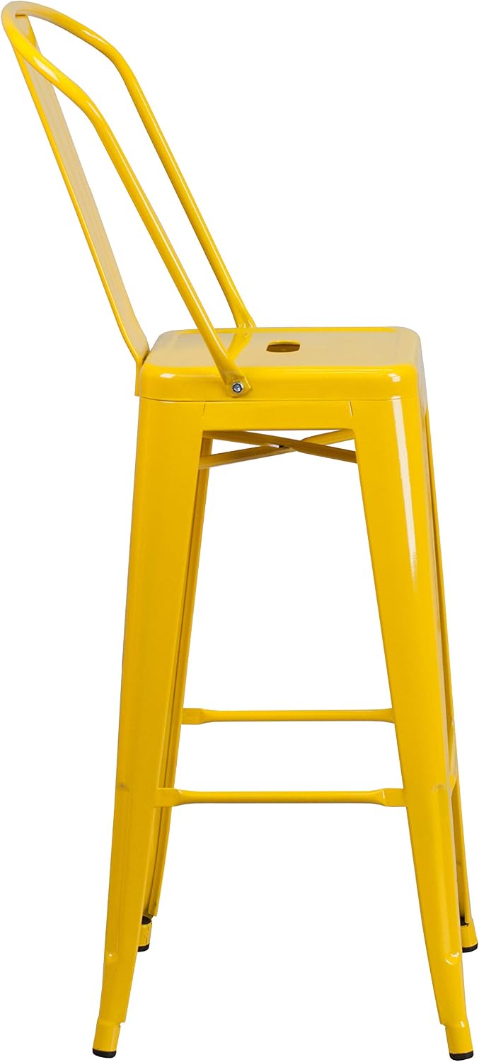 30" Yellow Metal Indoor/Outdoor Barstool with Back, 4-Pack