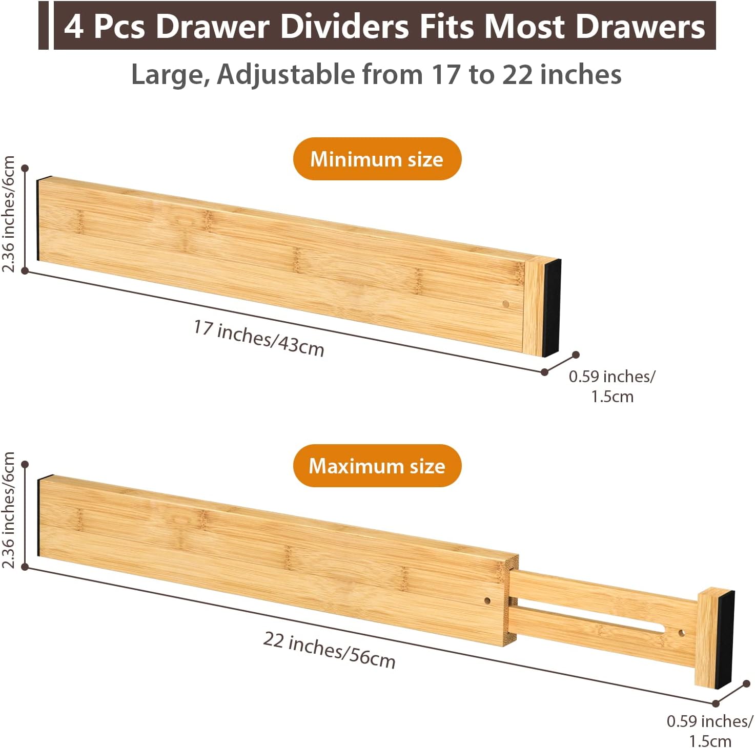 4 PCS Drawer Divider, 17"-22" Adjustable Bamboo Drawer Dividers Organizers, Expandable Separators for Kitchen