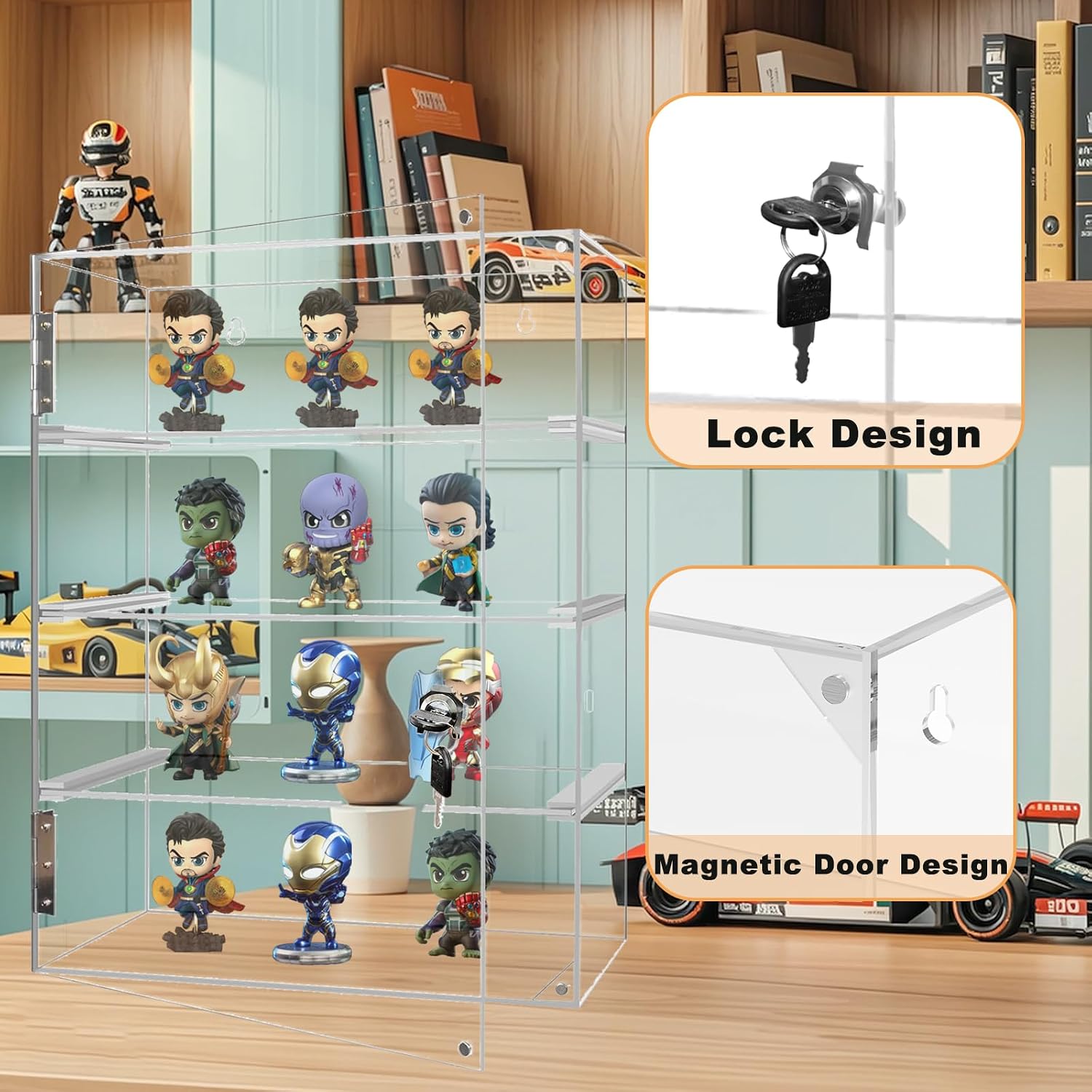 Acrylic Display Case with Lock Key 4 Tier Clear Display Case Locking Cabinet for Collectibles Figure Knife Rock