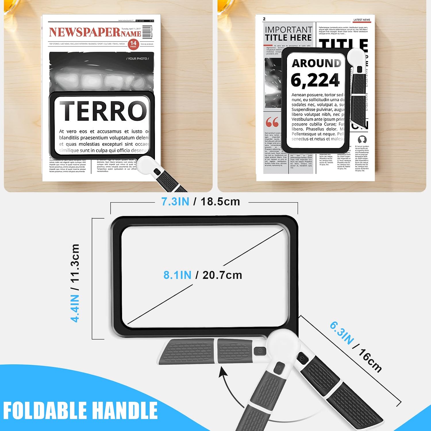 5X Handheld Magnifier for Page Reading - Large Folding Lighted Magnifier with 48 LED Lights (3Modes), Rectangular