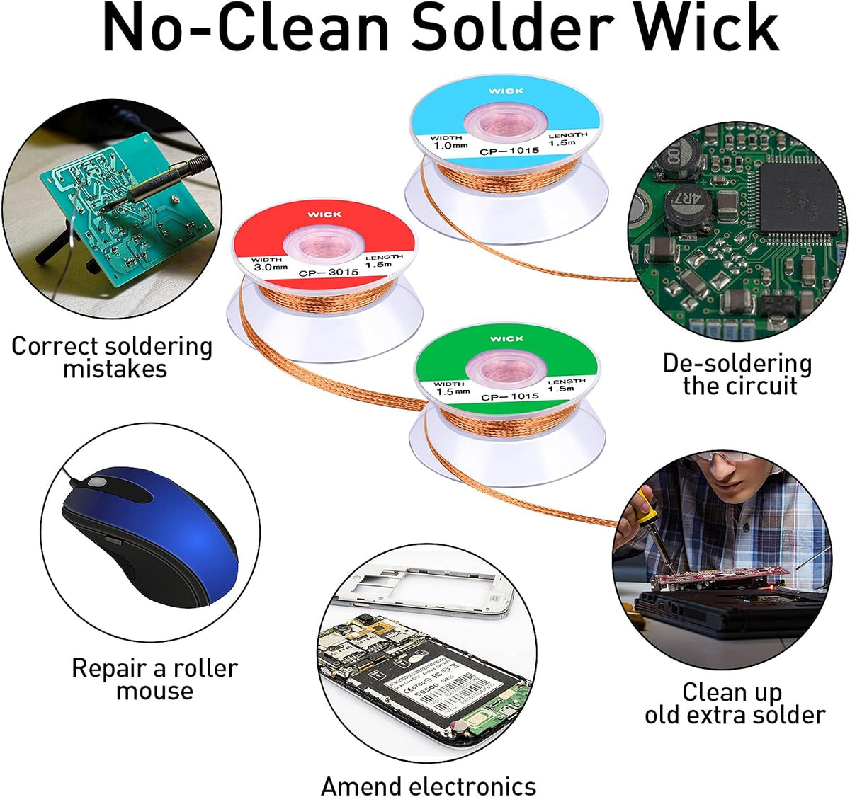 Hotop 6 Pieces 5ft Solder Wicks Braid with Flux Braided Desoldering Wicks