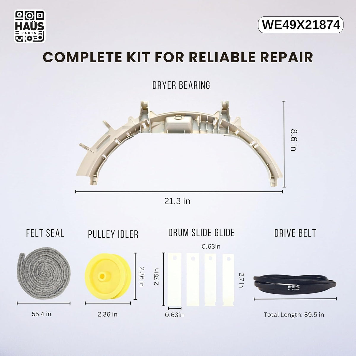 WE49X21874 Dryer Bearing Kit Compatible with GE - Includes WE14M124 Drum Bearing, WE12M29 2X Drive Belt, WE9M30 Felt Seal, WE1M1067 & WE1M504 Glide Slides, WE12X83 Dryer Idler Pulley