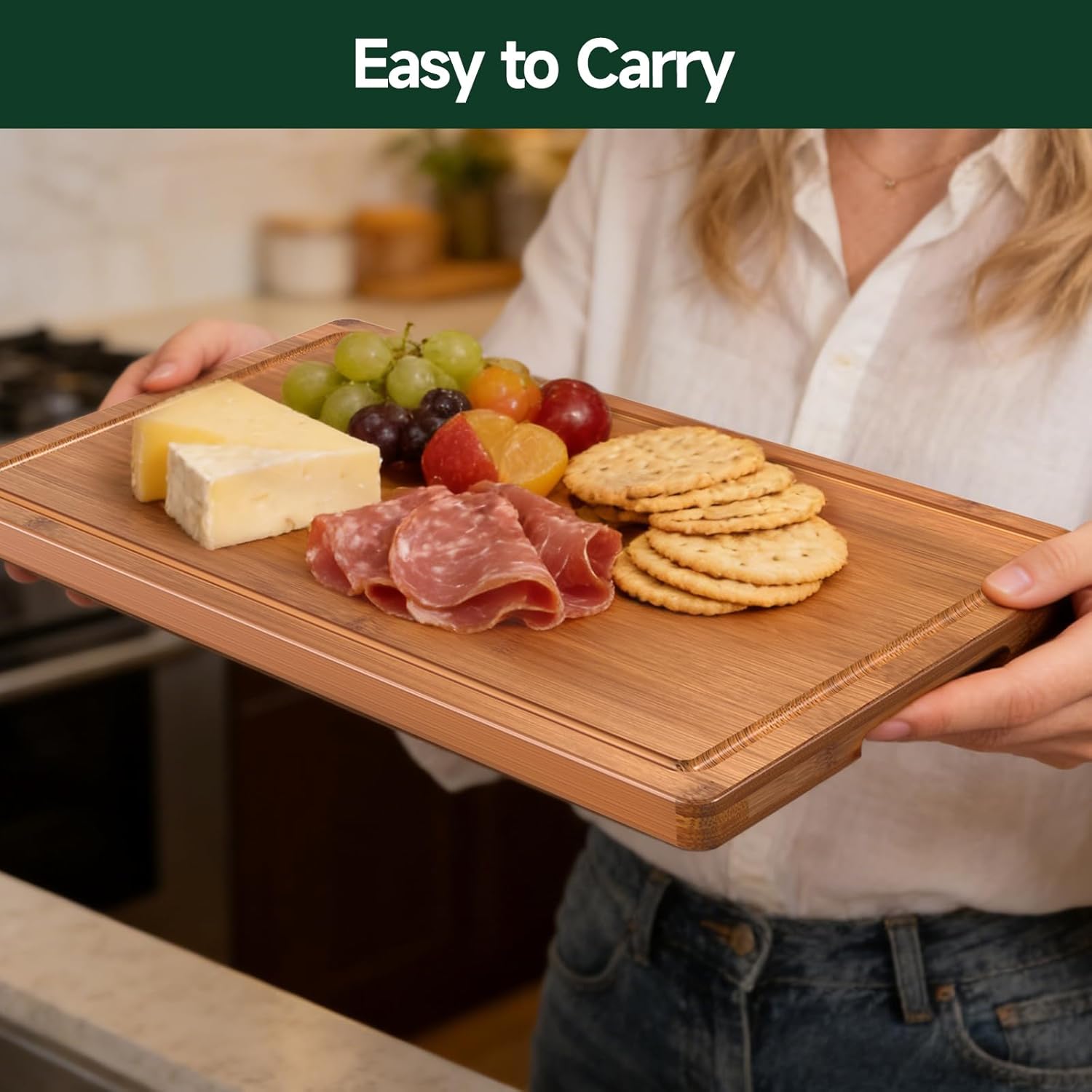 3-Piece Set Bamboo Cutting Board for Kitchen - Crack-Resistant Wood Chopping Boards with Deep Juice Grooves