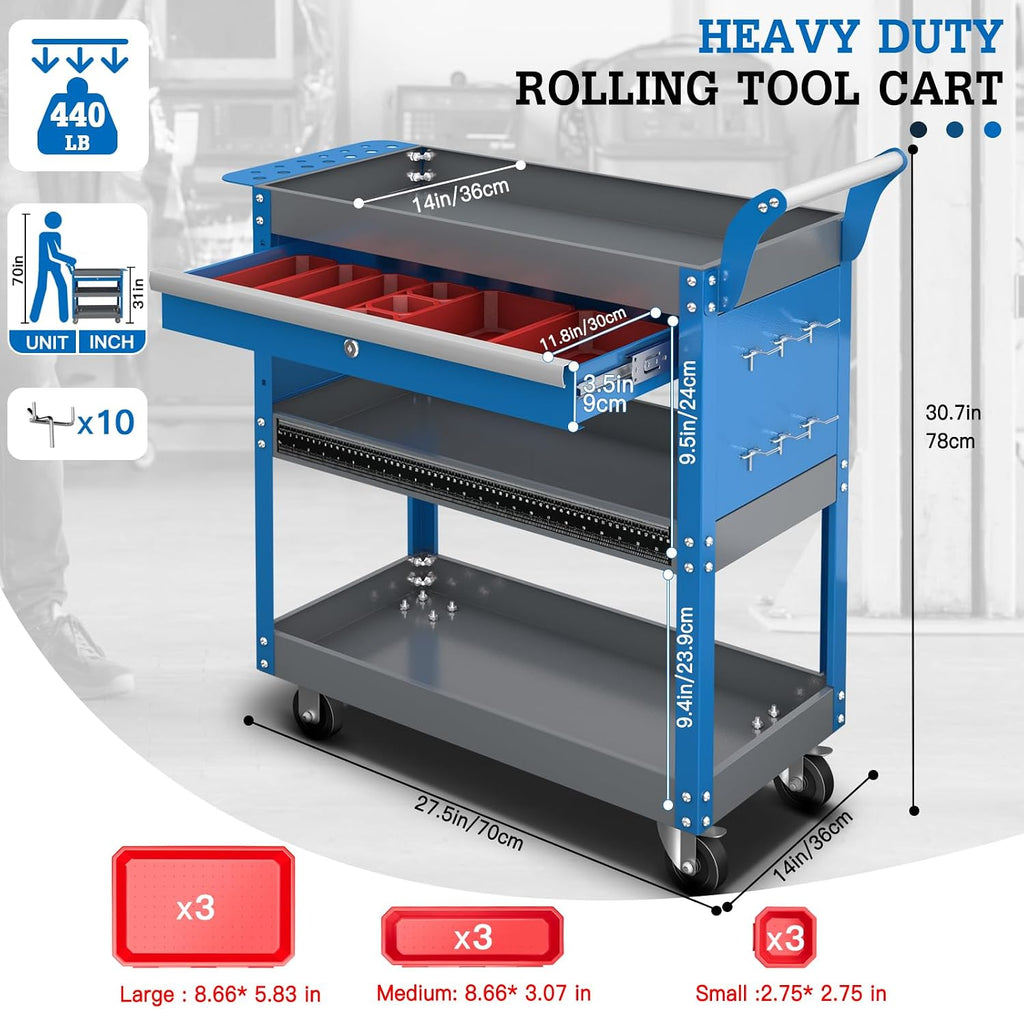 3 Tier Rolling Tool Cart on Wheels,Mechanic Tool Cart with Lockable Drawers,440 LBS Load Capacity Tool Storage Cart