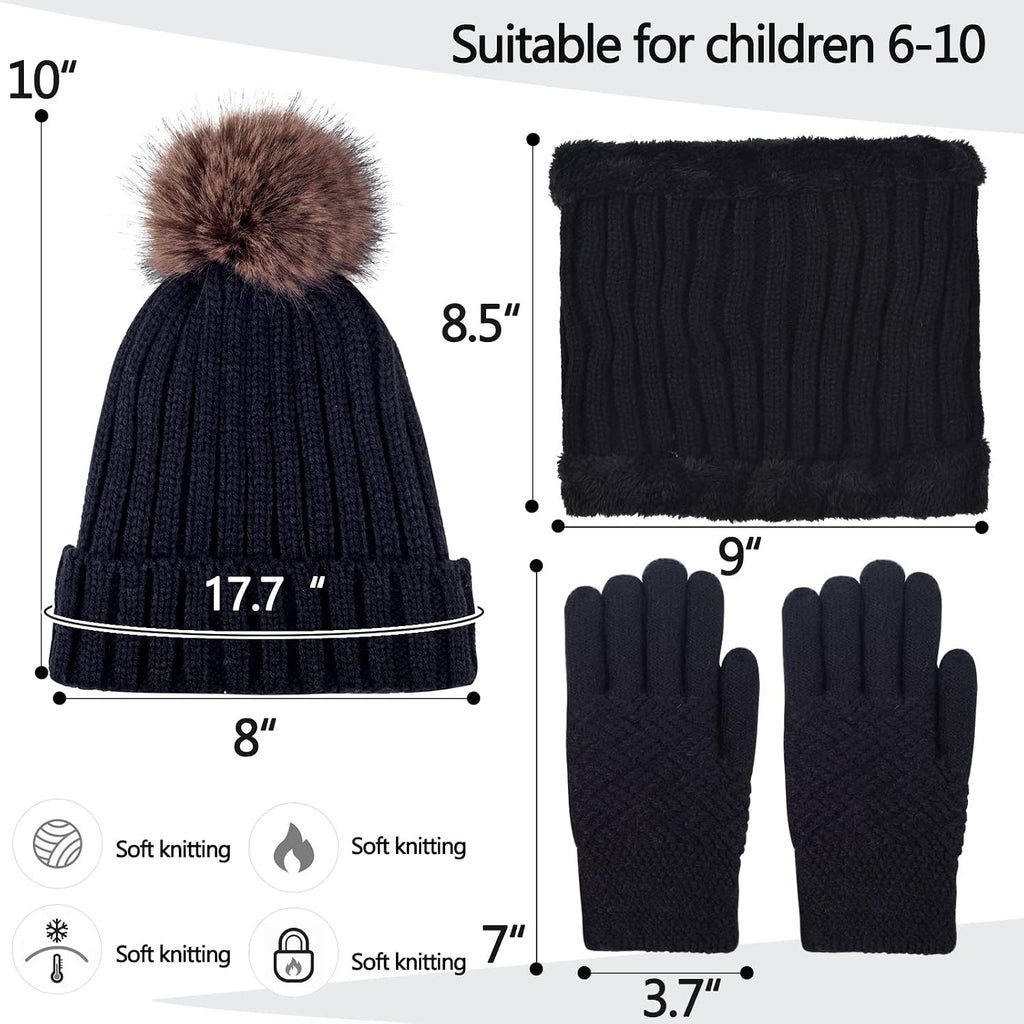 Kids Winter Knit Beanie Hat Scarf Gloves Set for Girls Boys Warm Thick Fleece Lined Cap with Pompom Mittens Neck Warmer