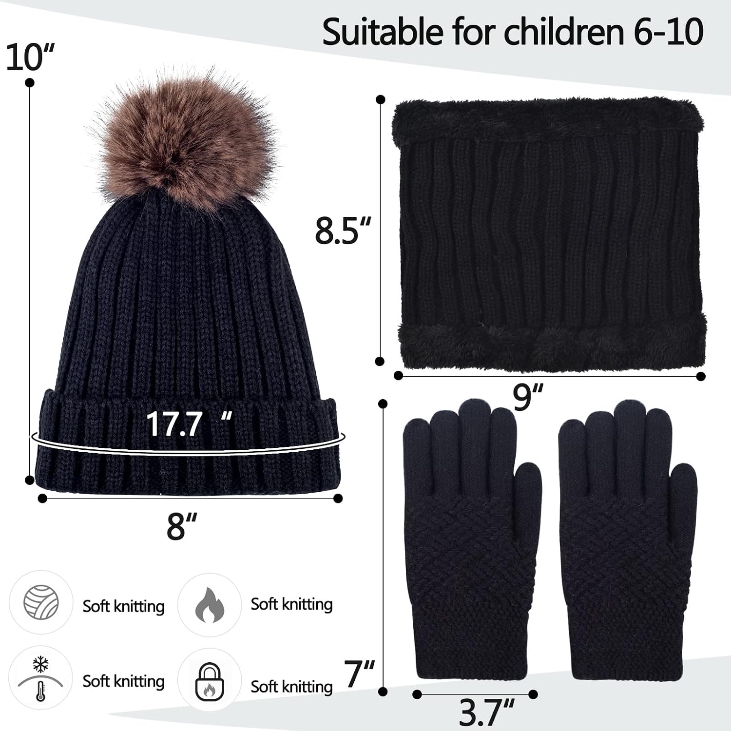 Kids Winter Knit Beanie Hat Scarf Gloves Set for Girls Boys Warm Thick Fleece Lined Cap with Pompom Mittens Neck Warmer