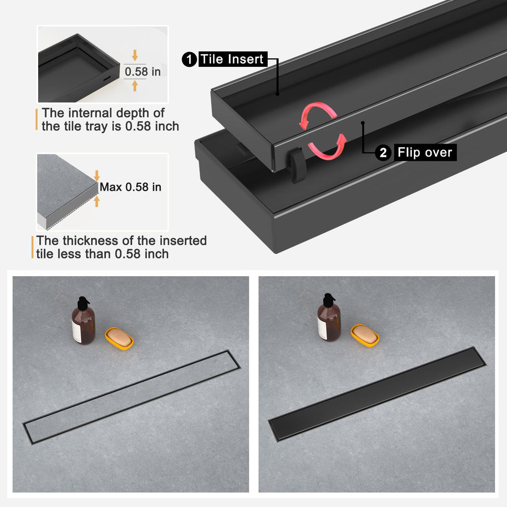 24 Inch Linear Shower Drain, with Tile Insert Grate (Matte Black)