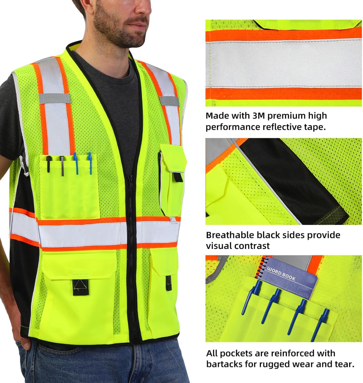 Heavy Duty Reflective Safety Vest with Pockets, Yellow Mesh XL | Made with 3M Reflective Tape, High Visibility