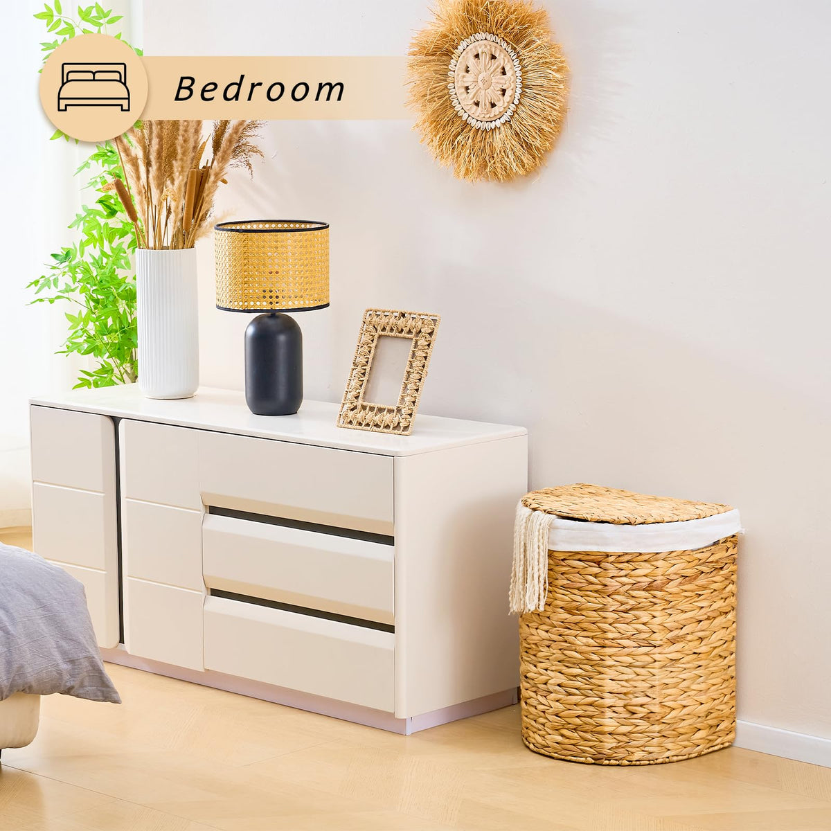 Half Moon Natural Water Hyacinth Laundry Hamper, 60L, Natural