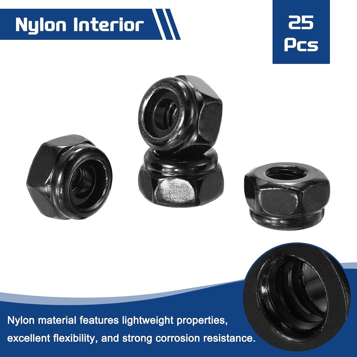 25Pcs #10-24 Nylon Locking Hex Nuts 304 StainlessSteel Black