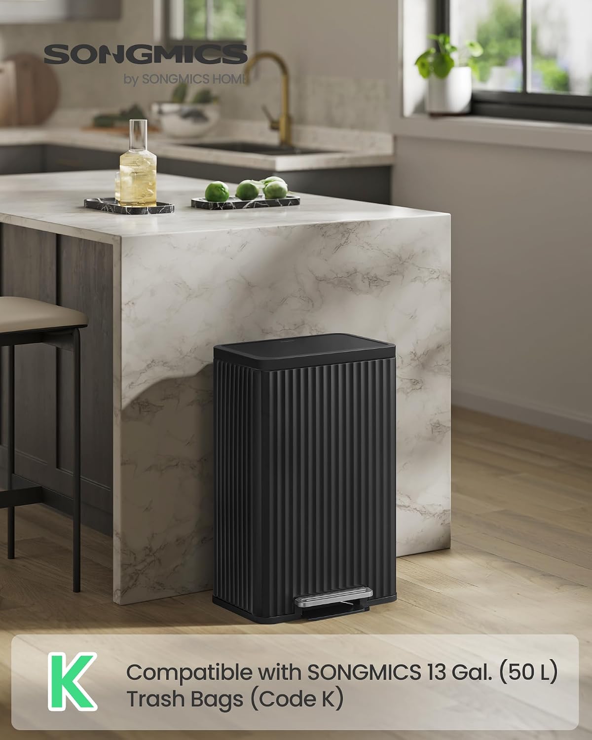 Trash Can, 13 Gallon (50 L) Garbage Can for Kitchen, with Lid, Pedal, and Removable Inner Bucket, Soft Close