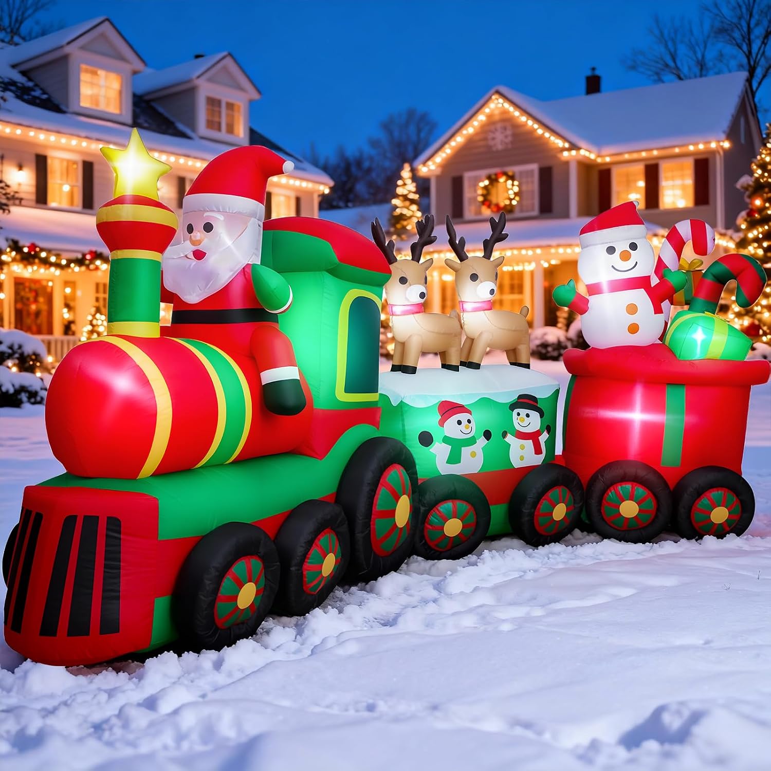11 FT Long Christmas Inflatables Train with Santa Claus Reindeer Snowman Outdoor Decorations Blow Up Yard with