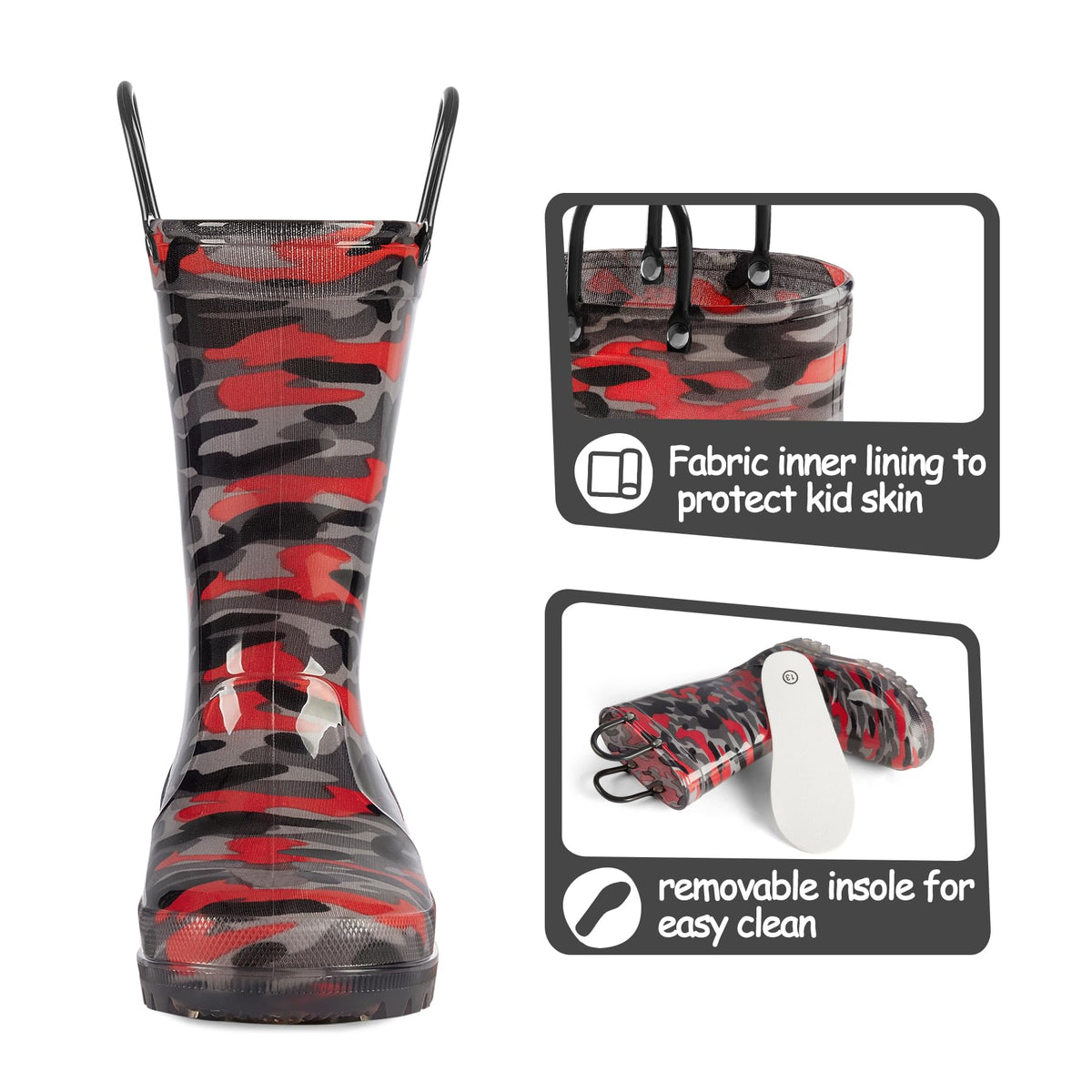 Kid Light up Rain Boot, Black/Red Camouflage