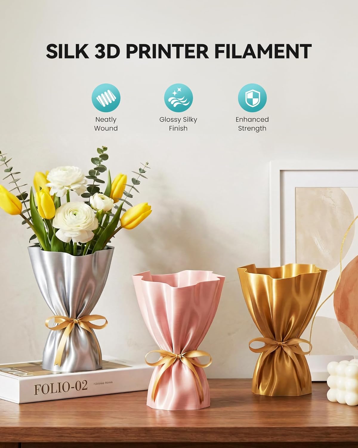 Silk PLA Filament 1.75mm, 1KG(2.2lbs), 330 Meters, Silky Black | Neatly Wound Shiny PLA 3D Printer Filament