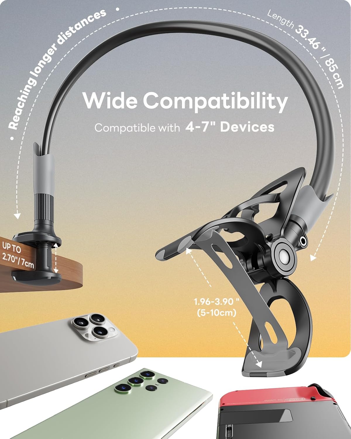 Gooseneck Bed Phone Holder, Flexible Long Arm Phone Mount for Desk, Clip Bracket Clamp Stand, iPhone Stand, Mobile
