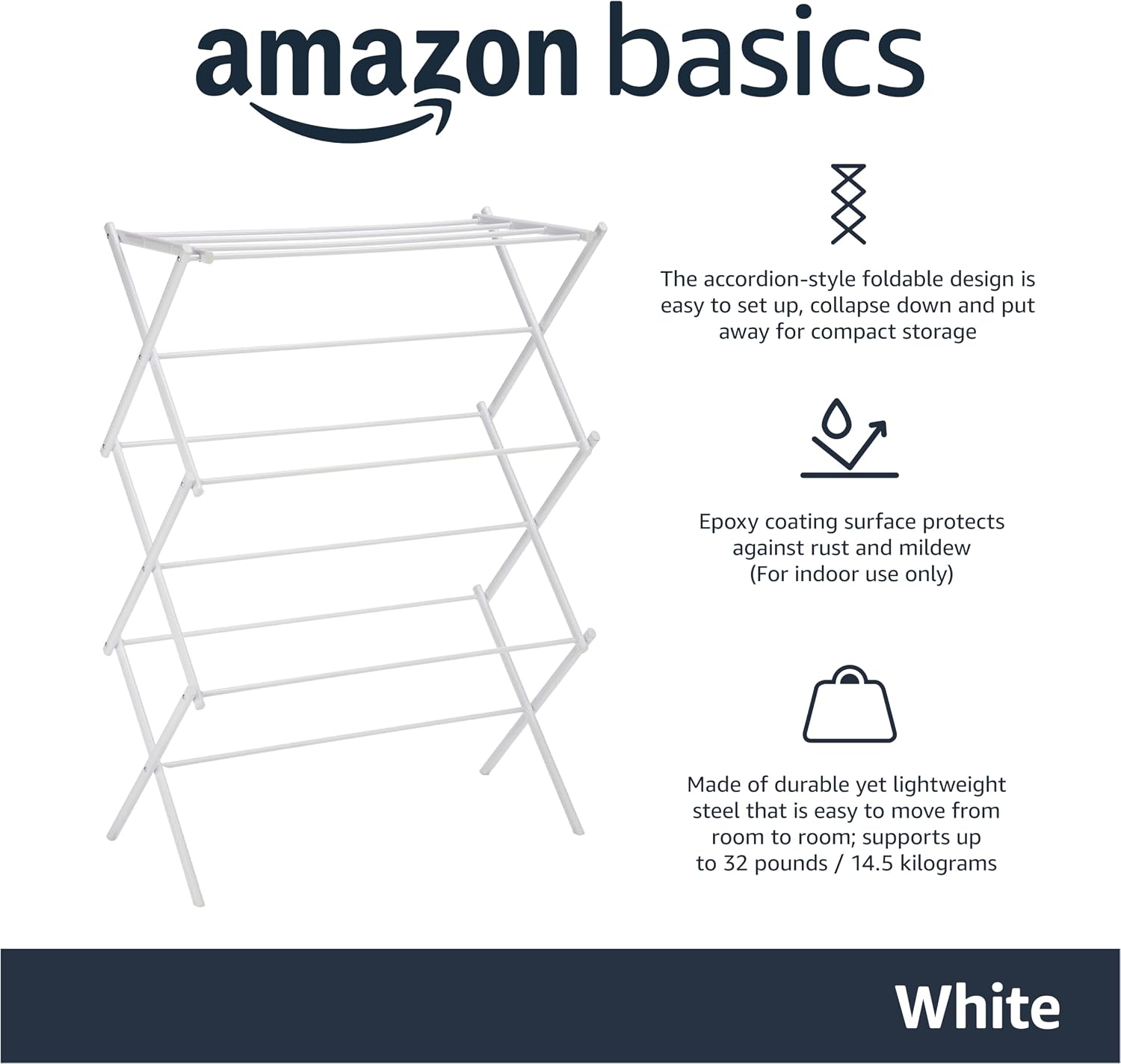 Foldable Portable Clothes Drying Rack for Indoor Air Drying, Collapsible Design, 14.5" D x 29.5" W x 41.8" H, White