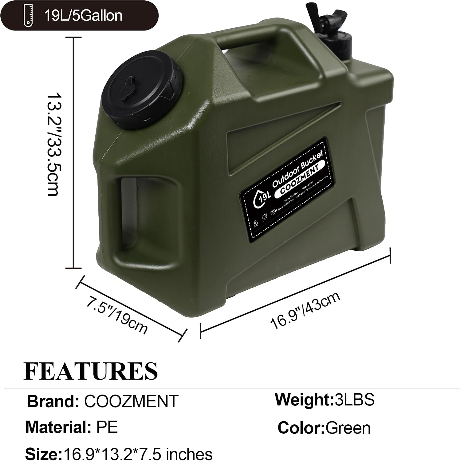 3.2 Gallon/5 Gallon Water Containers with Spigot, BPA Free Water Jug, Military Green Water Tank, Multifunction Water