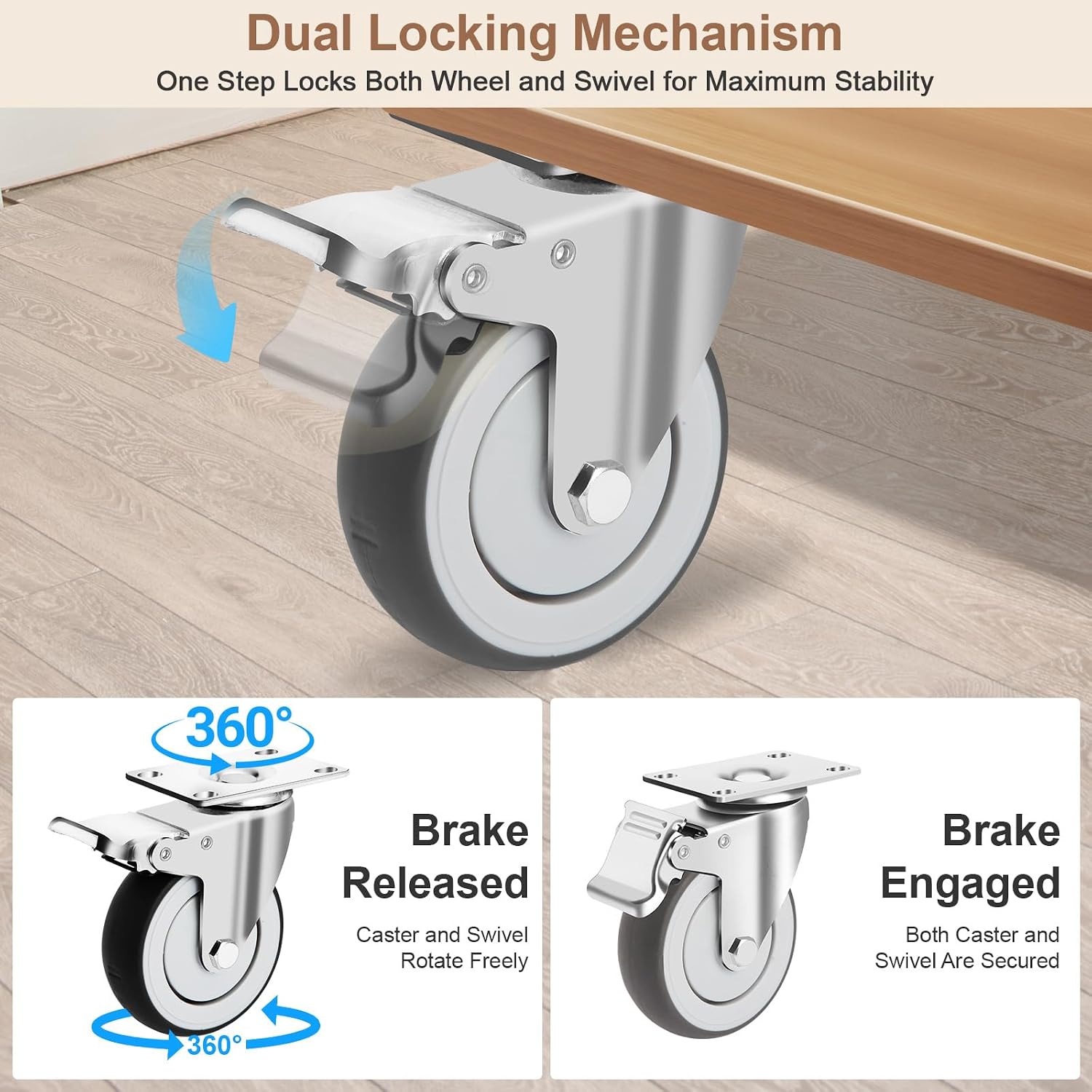 4 Inch Caster Wheels Set of 4 Heavy Duty Swivel Casters Includes Mounting Hardware 1320 Lbs Load Capacity Quiet TPE