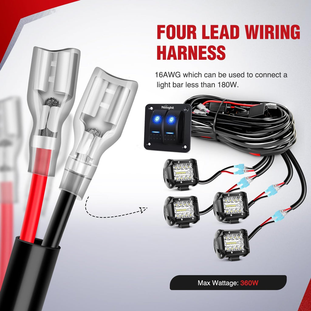 Nilight 12V On/Off Rocker Switch Panel LED Light Bar Wiring Harness Kit