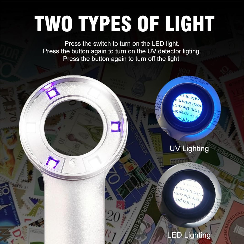 Handheld 60X Magnifier Loupe with UV & LED Lights 30mm Optical Coating Lens USB Rechargeable Jewelry Loupe Magnifying