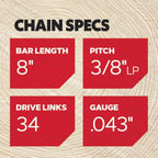 Oregon Chainsaw Chain for 8" Bar, 3/8" LP, .043" Gauge, 34 Drive Links