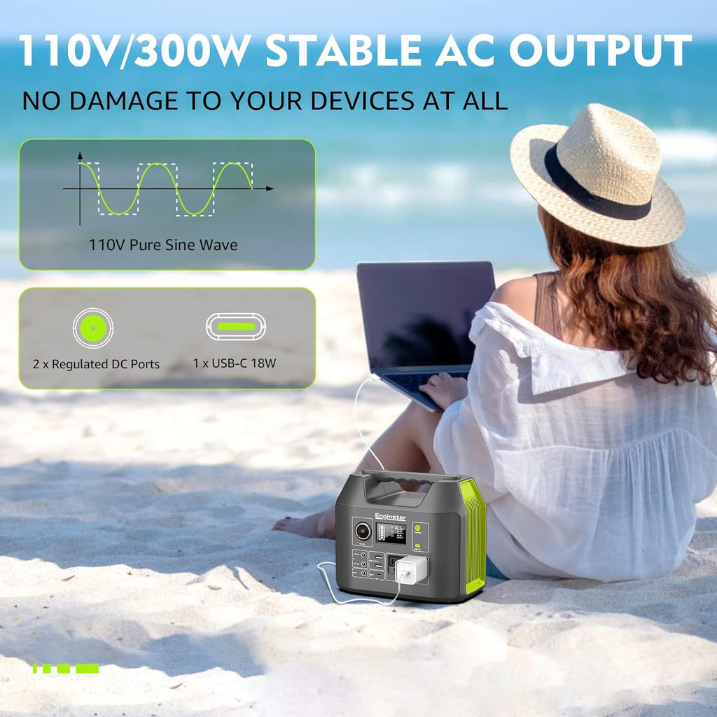 Solar Generator, 300W Portable Power Station, 296Wh Lithium Battery Backup w/Two 110V Pure Sine Wave AC Outlet for